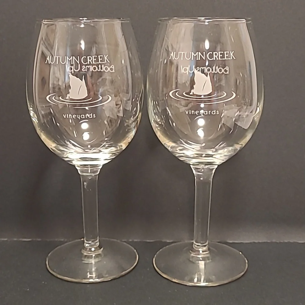 Pair of Autumn Creek Vineyards, Bottoms Up Wine Glasses
